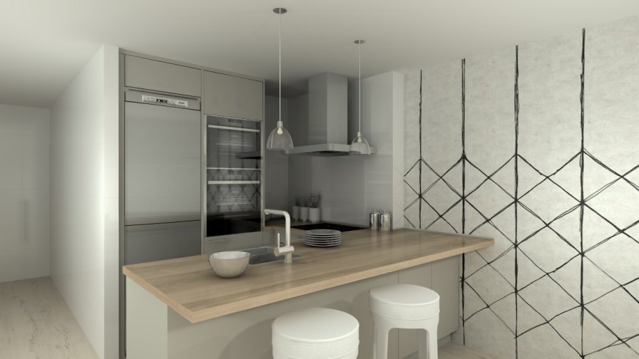 Madrid | Cocina Santos | Modelo Ariane Gris Arena | Encimera Laminada Olmo Claro