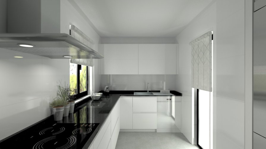 Aravaca | Cocina Santos | Modelo Line L Blanco Seda | Encimera Granito Negro