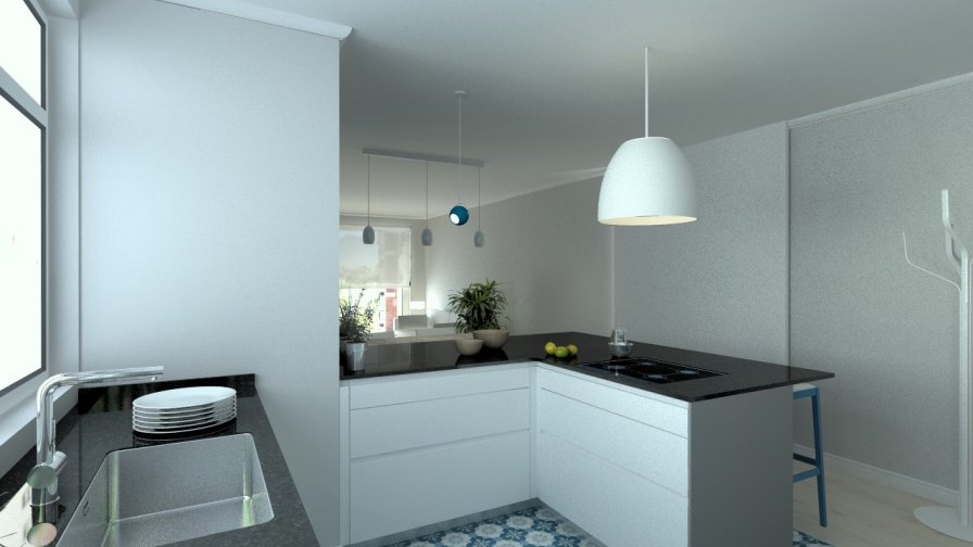 Aravaca | Cocina Santos | Modelo Line E 13 Blanco Sapporo Y Gris Vision | Encimera Granito Sahara Nights