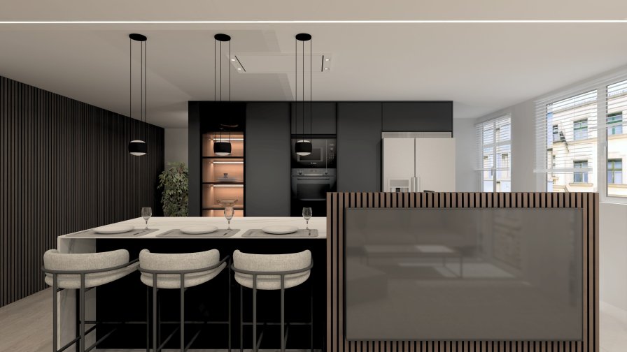 Cocina contemporánea en negro y mármol