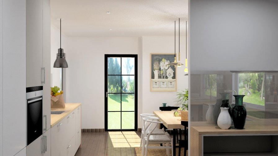 Aravaca | Cocina Santos | Modelo Seda Laminado Gris Arena | Encimera Haya Natural