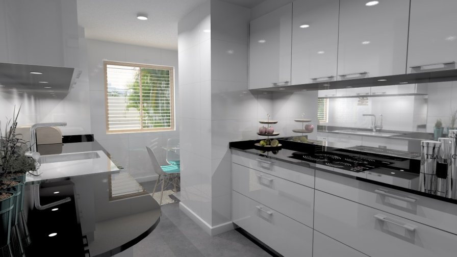 Aravaca | Cocina Santos | Modelo Plano Laminado Blanco Brillo | Encimera Granito Sahara Nights