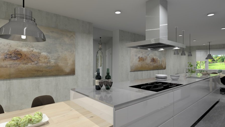Aravaca | Cocina Santos | Modelo Line Lamanado Blanco Polar Brillo | Encimera Silestone Grey Amazon