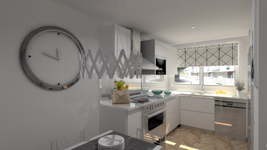 Aravaca | Cocina Santos | Modelo Line Laminado Seda Blanco | Encimera Compac Blanco