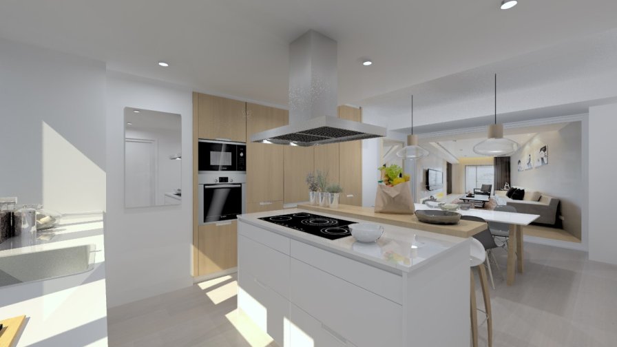 Aravaca | Cocina Santos | Modelo Minos Estratificado Olmo Claro y Blanco | Encimera Compac Blanco 