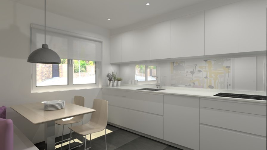 Aravaca | Cocina Santos | Modelo Line Estratificado Blanco | Encimera Compac Luna 