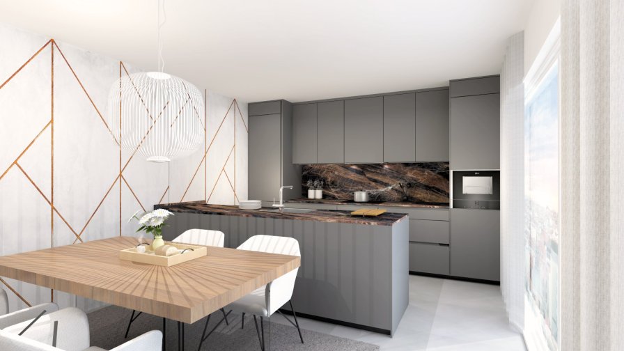 Cocina Santos Plataforma D en Gris Antracita Seda, antihuella con isla central y office integrado