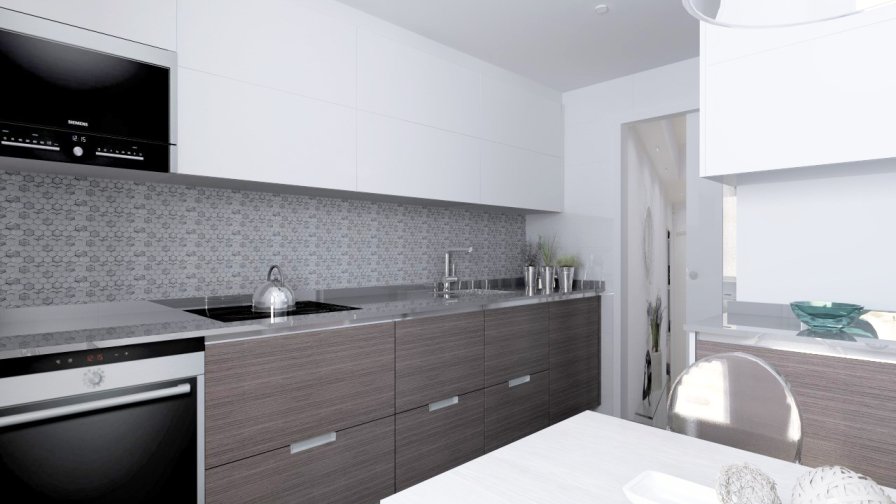 Aravaca | Cocina Santos | Modelo Line Roble Grisaceo y Blanco | Encimera Silestone Kensho