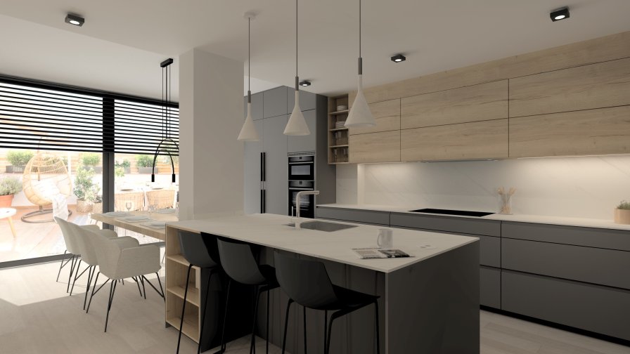 Cocina Santos Gris Visón con Isla y Encimera de Inalco