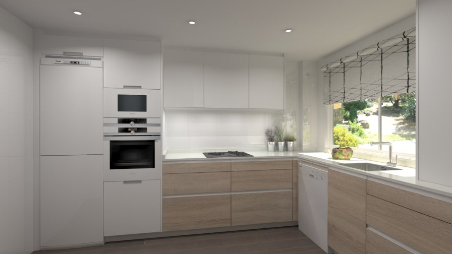 Aravaca | Cocina Santos | Modelo Line Estratificado Roble y Blanco | Encimera Compac Luna