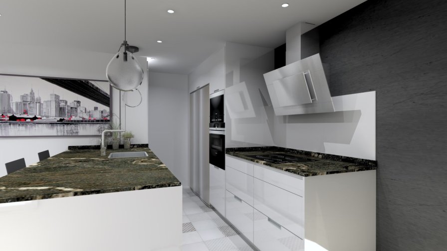 Aravaca | Cocina Santos | Modelo Minos Line Laminado Blanco Brillo | Encimera Granito Titanium