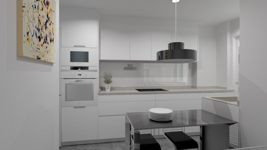 Aravaca | Cocina Santos | Modelo Line Estratificado Blanco Seff | Encimera Techlam Hydra Plomo