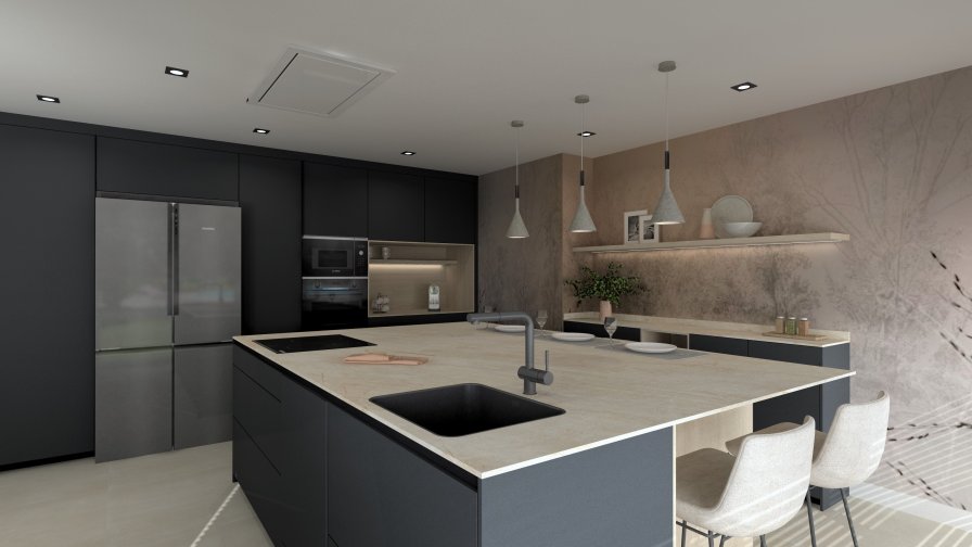 Cocina contemporánea con isla central y acabados oscuros