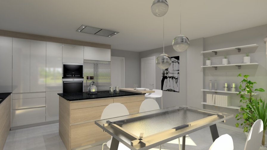 Cocina Santos | Modelo Line E13 Estratificado Brillo Laminado | Puertas Blanco Nata Brillo y Olmo Claro Horizontal para Muebles Bajos | Encimera Granito Sahara Night