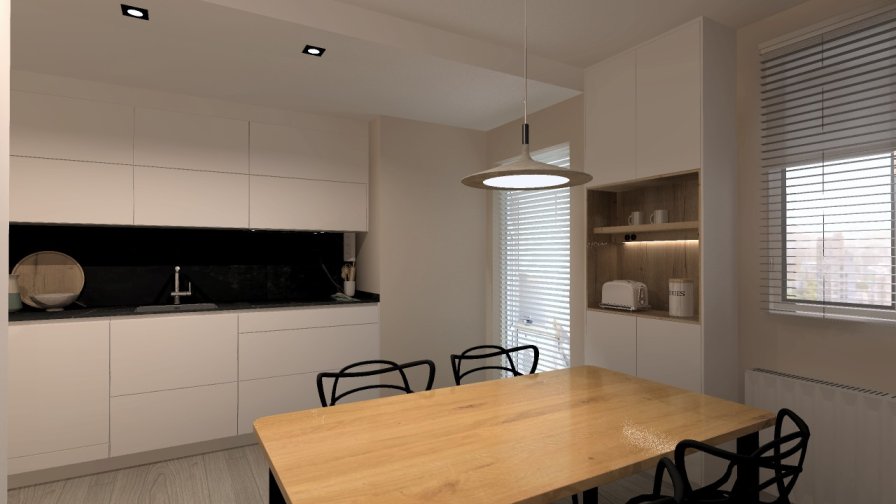 Cocina moderna con tonos suaves y madera natural: calidez y funcionalidad en equilibrio