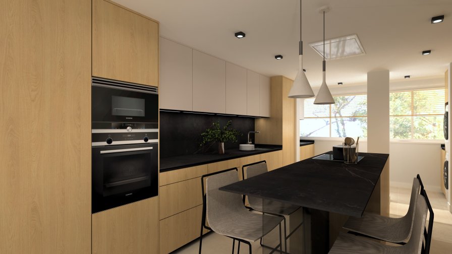Cocina de líneas puras con isla central y acabados en madera