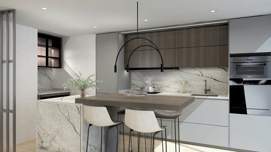 Cocina con isla escultórica, donde materiales y diseño se convierten en protagonistas del espacio