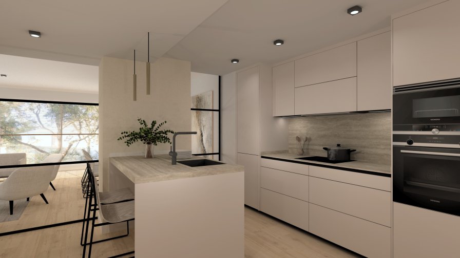 Cocina contemporánea con isla funcional y estética serena