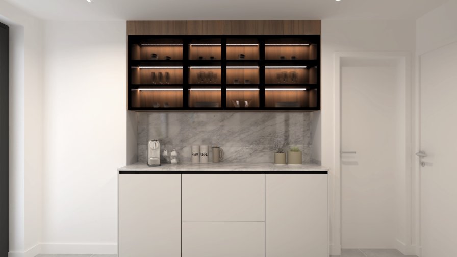 Cocina contemporánea con isla y equilibrio de materiales