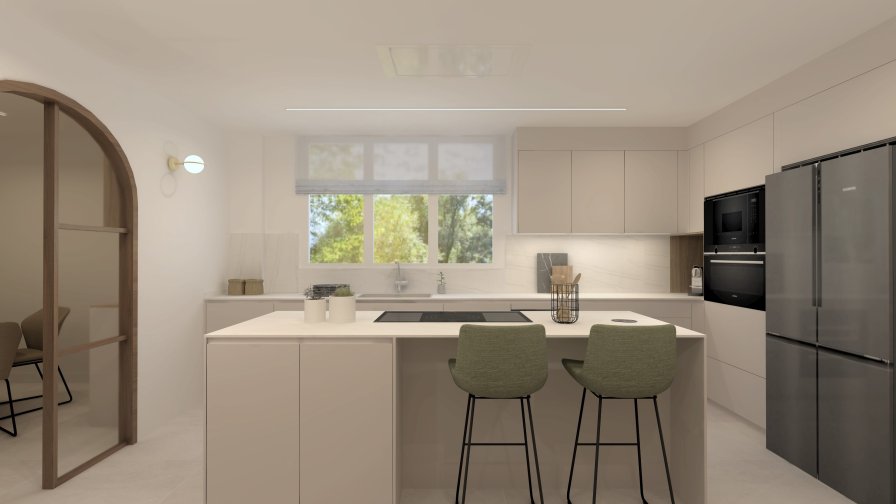 Cocina contemporánea con isla central y estética cálida y depurada