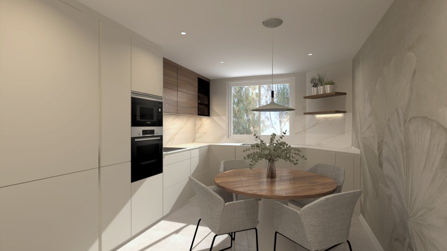 Cocina en L con comedor integrado