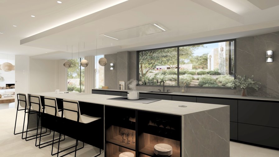 Cocina minimalista en negro y piedra