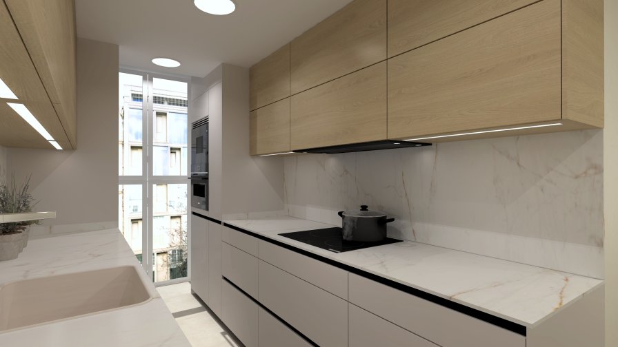 Cocina moderna en línea paralela con madera natural y mármol veteado