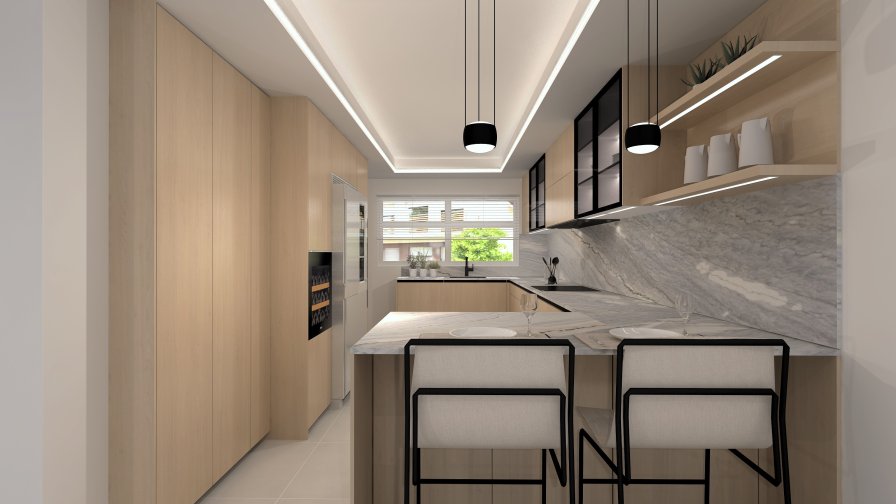 Una cocina contemporánea donde la calma y el diseño se equilibran