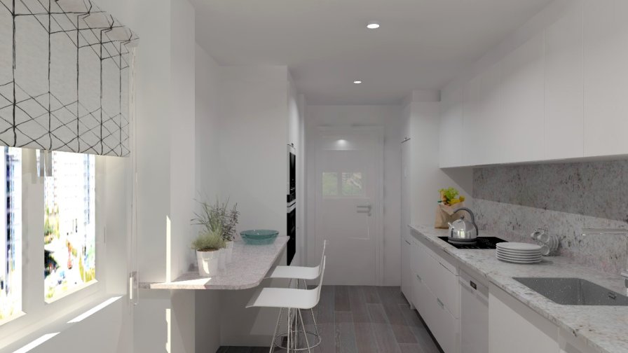 Aravaca | Cocina Santos | Modelo Minos Estratificado Blanco | Encimera Granito Naturamia Alaska