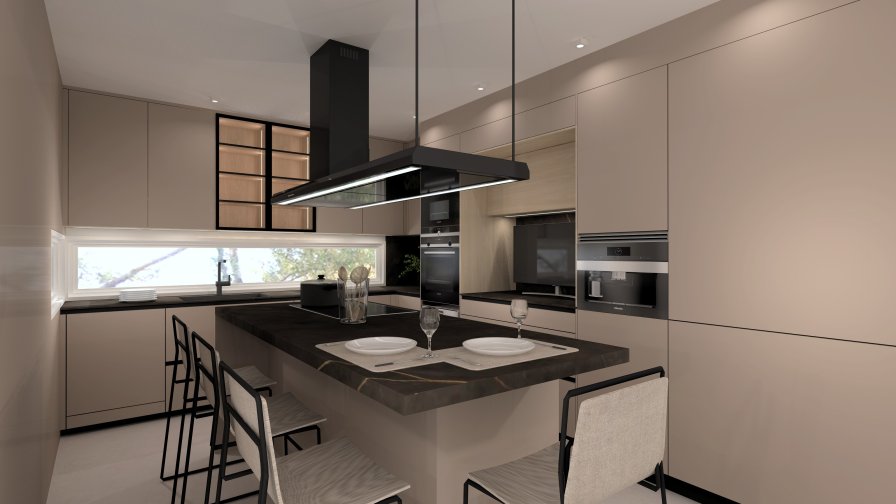 Cocina moderna en tonos arena con isla central