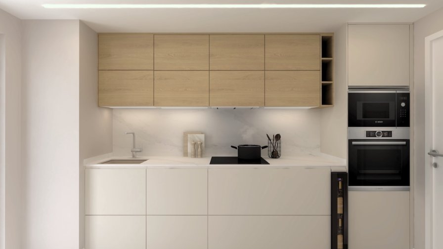 Cocina blanca con altos en madera