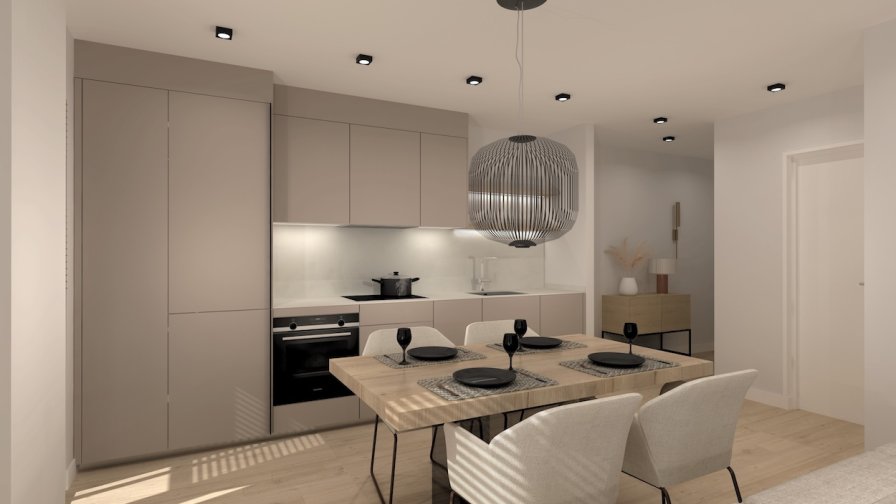 Cocina gris arena con mesa comedor