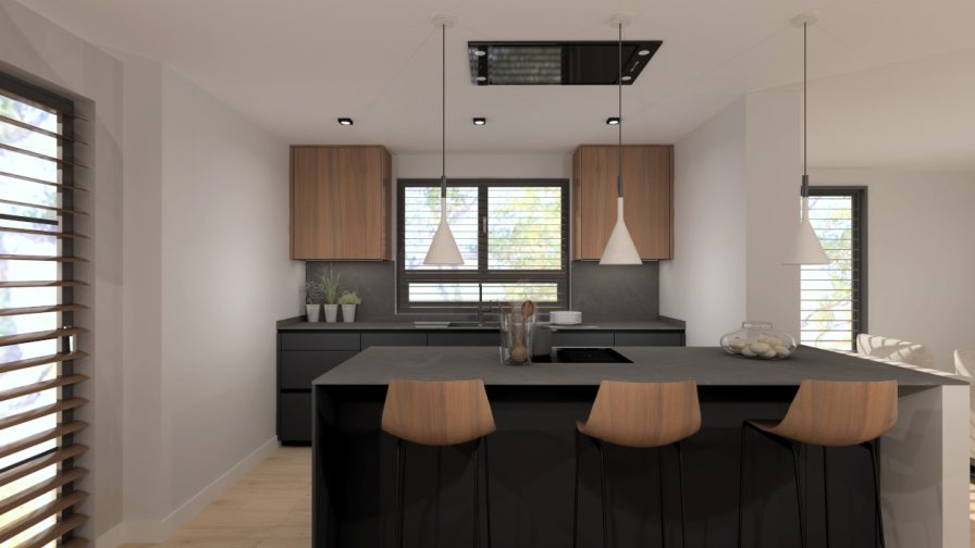 Cocina negra y nogal