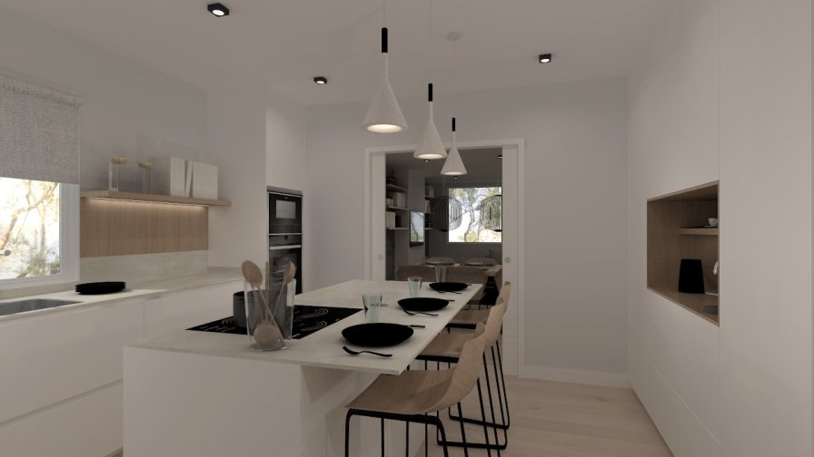 Cocina Santos blanca con isla y encímela Sapiestone