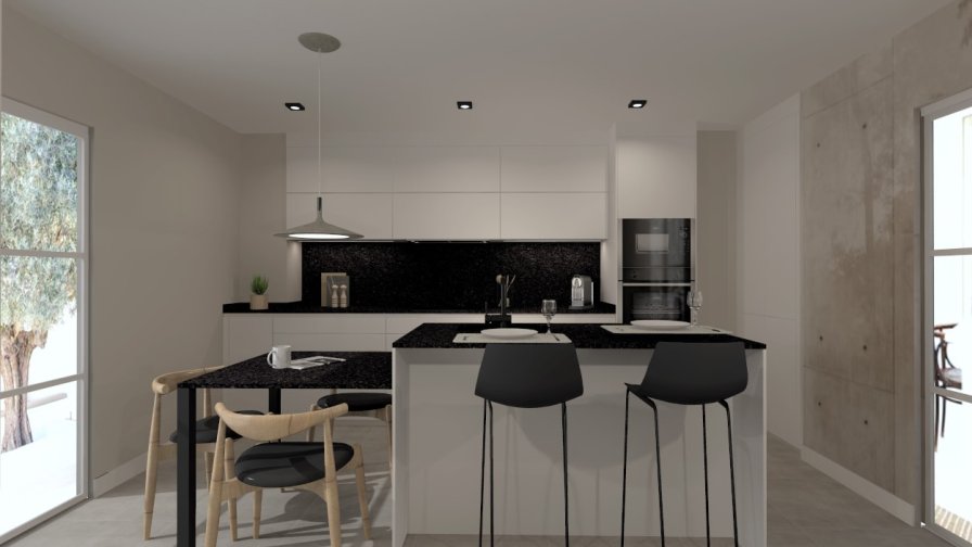 Cocina Santos blanca con isla y barra