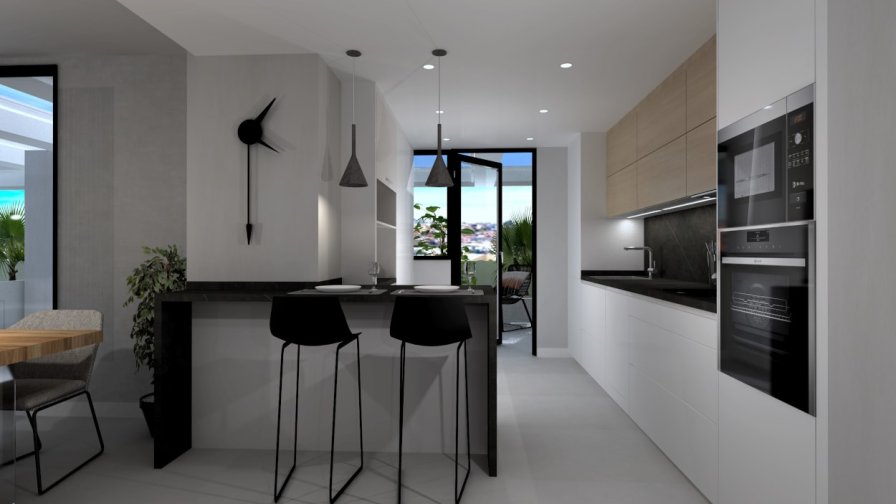 Cocina Santos blanca en paralelo con encimera de Neolith