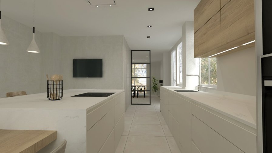 Cocina Santos blanca y roble con isla y encimera de Dekton