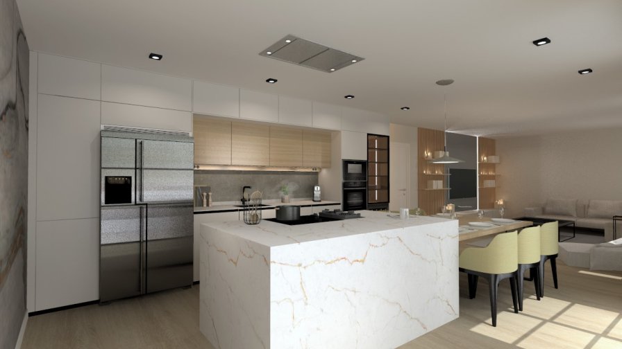 Cocina Santos blanca y madera con isla abierta al salón