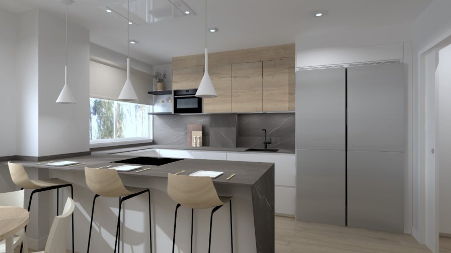 Cocina Santos blanca y madera con península