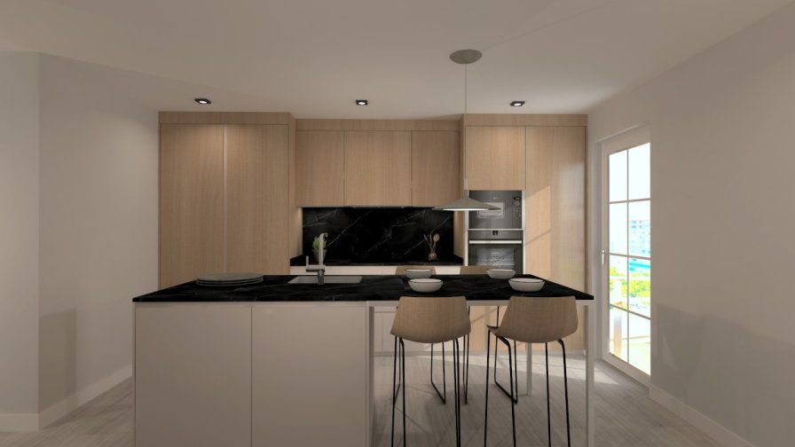 Cocina Santos cashmere y roble con isla