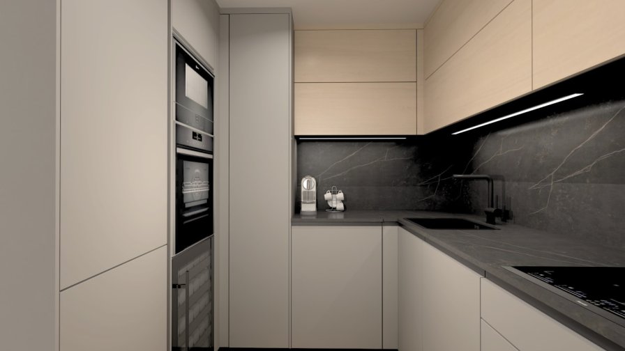 Cocina Santos gris y roble rústico con encimera de neolith abierta al salón