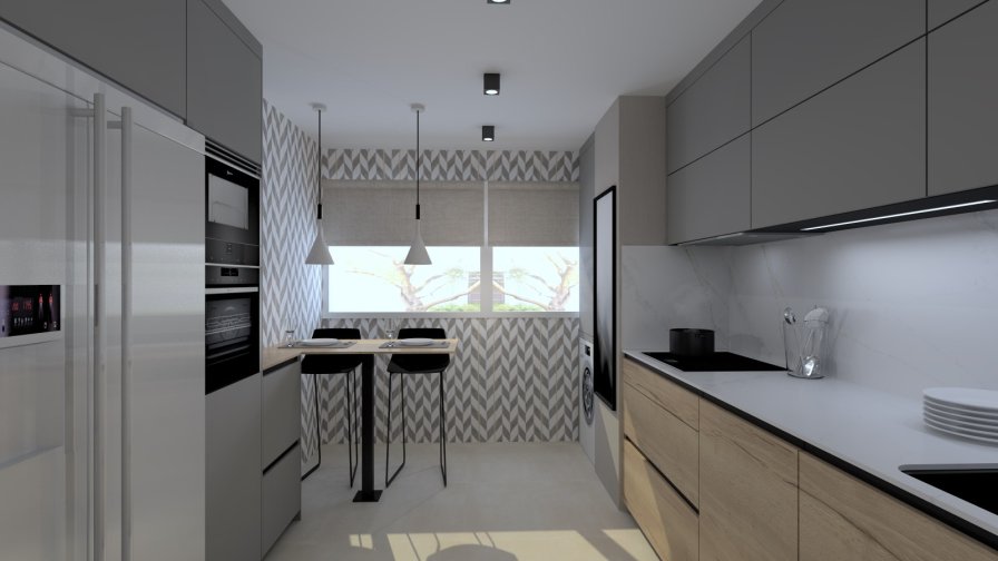 Cocina Santos Madera y Gris en Paralelo