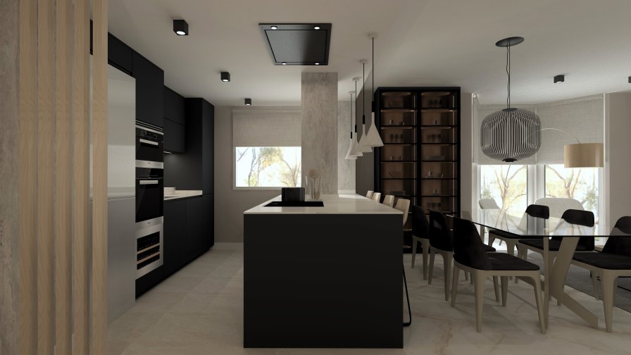 Cocina Santos Negra con Isla Abierta al Salón