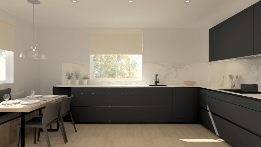 Cocina Santos negra en L con encimera de Neolith