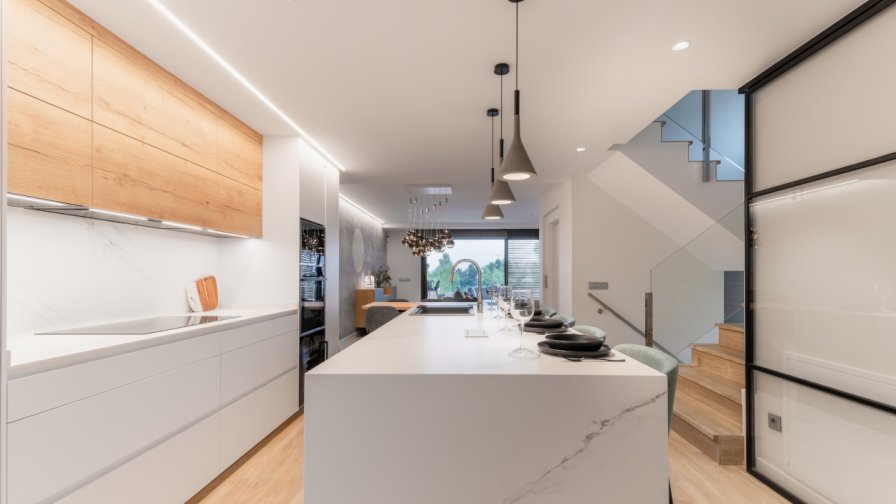 Cocina Santos nogal y blanco con isla