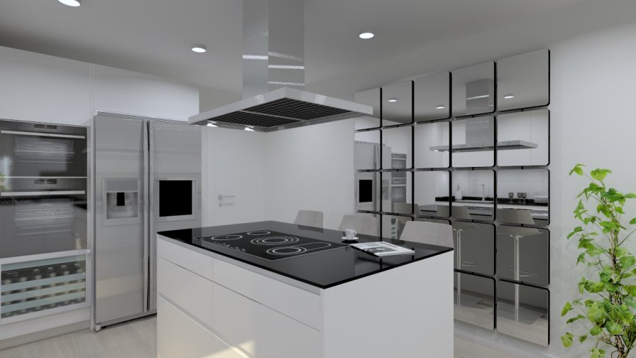 Cocina Santos | Modelo Line Laminado Seda Blanco | Encimera Granito Negro