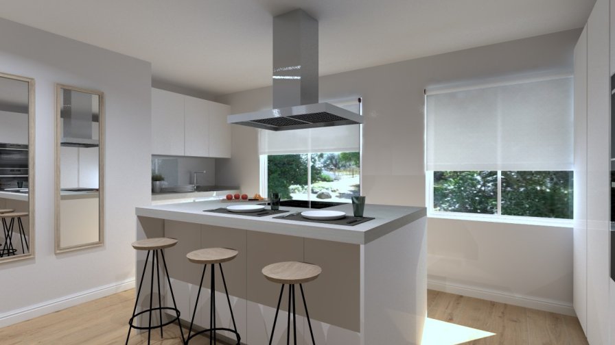 Aravaca | Cocina Santos | Modelo Minos Laminado Blanco Brillo | Encimera Neolith Piedra 