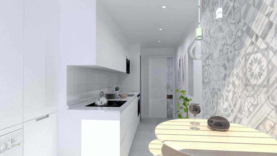 Laminado seda blanco en cocina Santos Line con encimera blanca Silestone