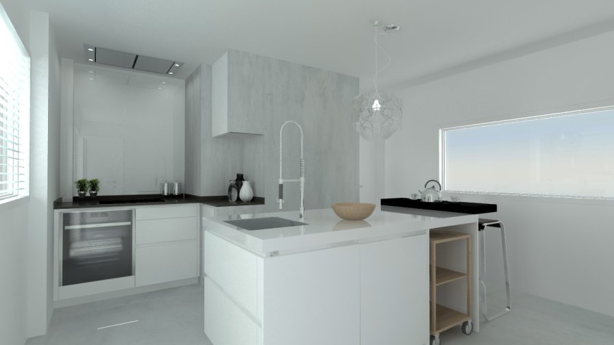 Madrid | Cocina Santos | Modelo Line E Estratificado Blanco | Encimera Granito Sahara Nights Neverwashed