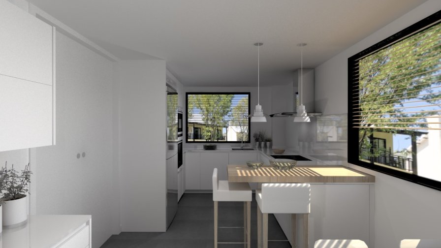 Aravaca | Cocina Santos | Modelo Line L Laminado Seda Blanco | Encimera Silestone Blanco